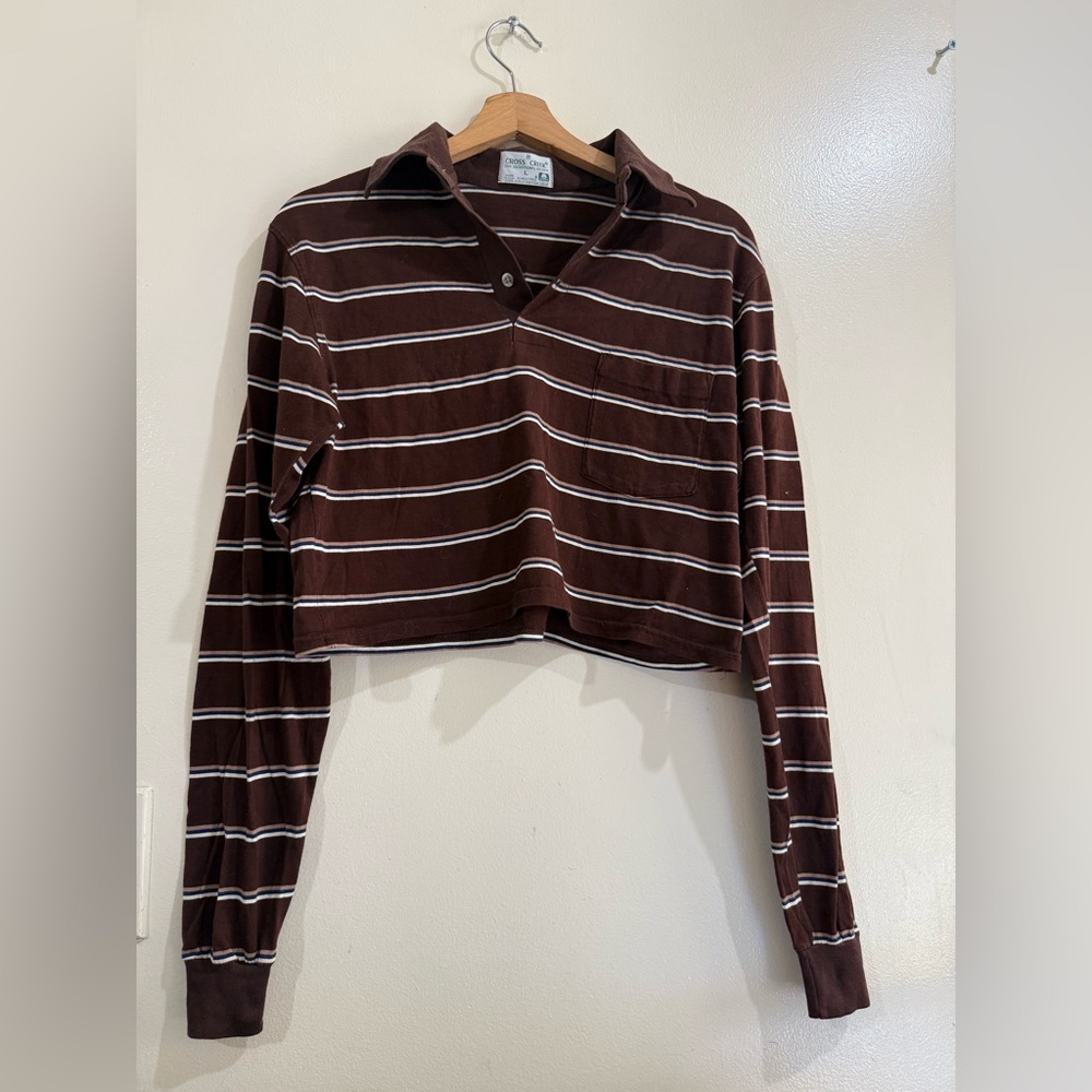 CROSS CREEK Cropped Long-Sleeve Striped Polo Top - Brown